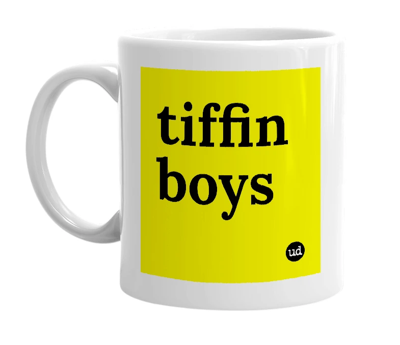 White mug with 'tiffin boys' in bold black letters
