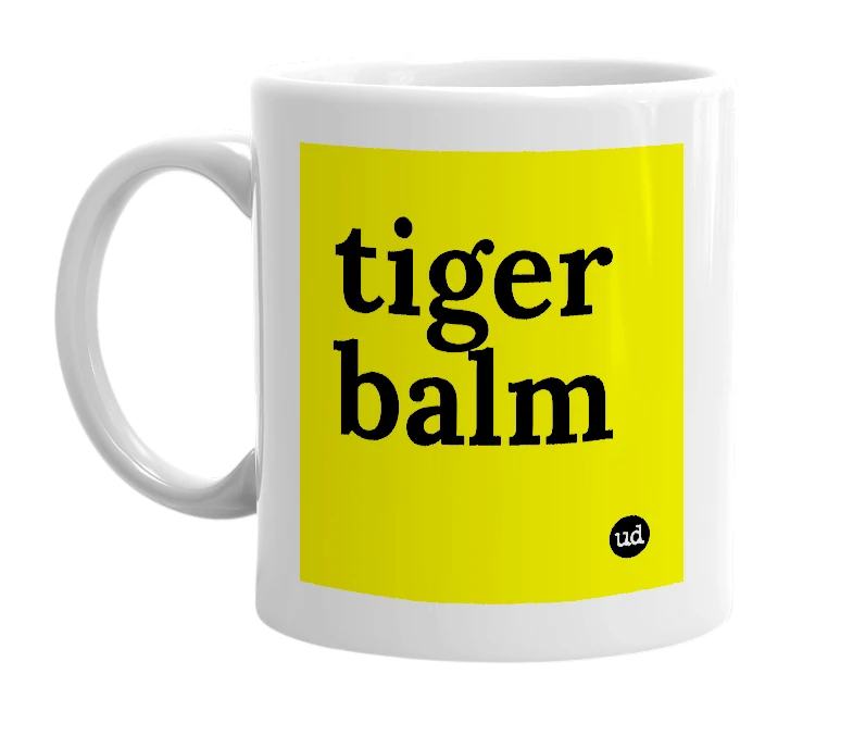 White mug with 'tiger balm' in bold black letters