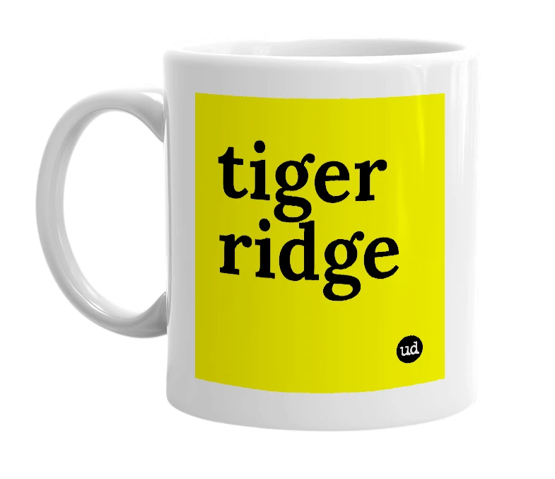 White mug with 'tiger ridge' in bold black letters