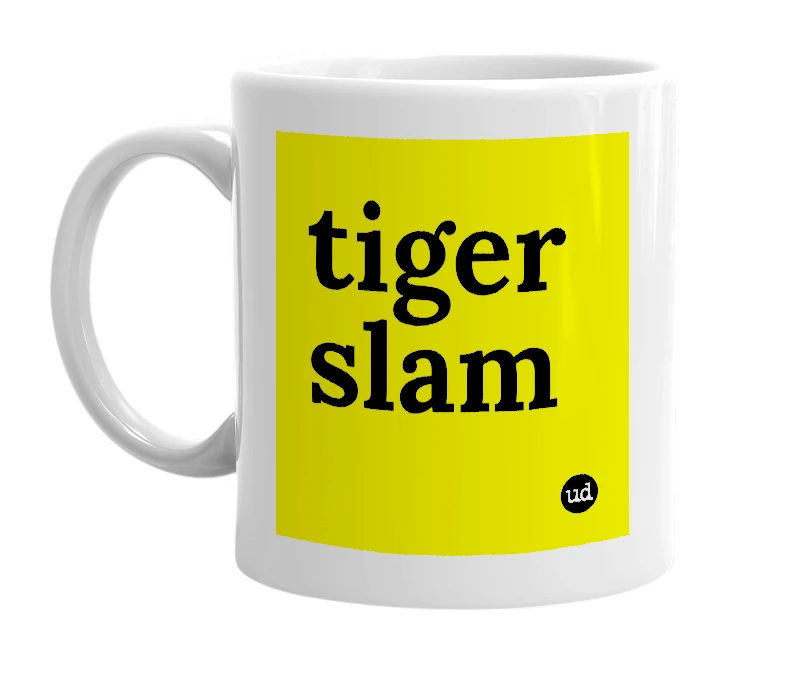 White mug with 'tiger slam' in bold black letters