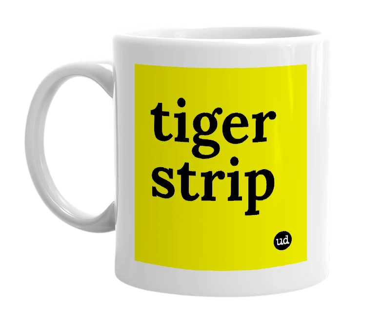 White mug with 'tiger strip' in bold black letters