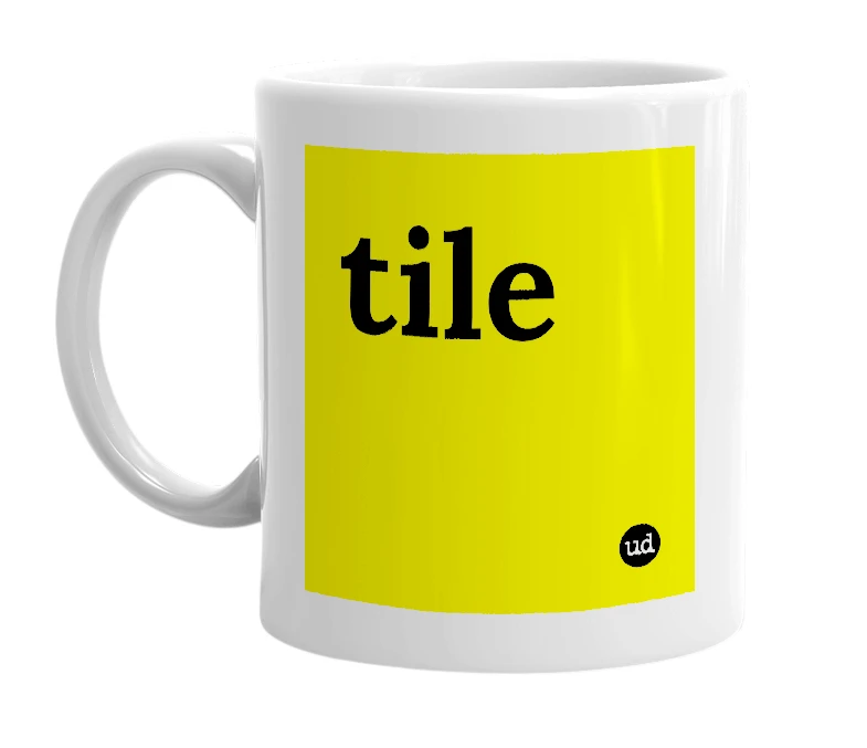 White mug with 'tile' in bold black letters