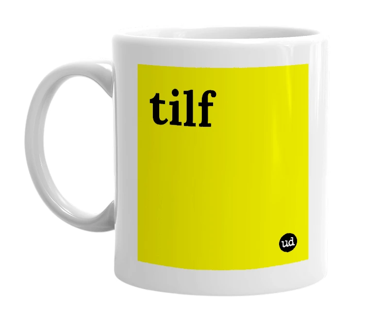 White mug with 'tilf' in bold black letters