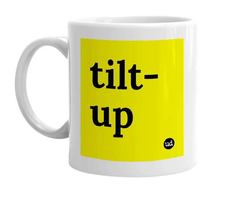 White mug with 'tilt-up' in bold black letters