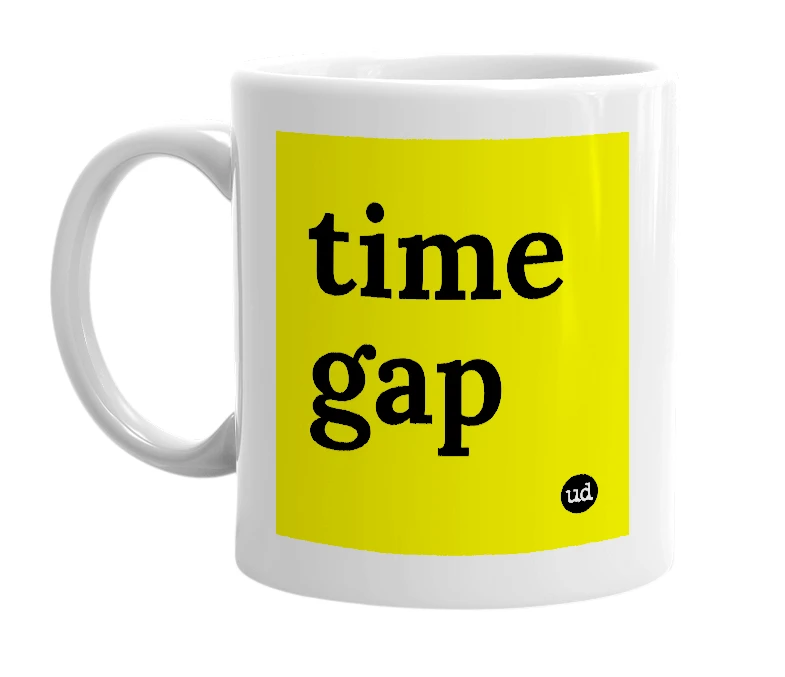 White mug with 'time gap' in bold black letters