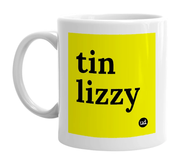 White mug with 'tin lizzy' in bold black letters