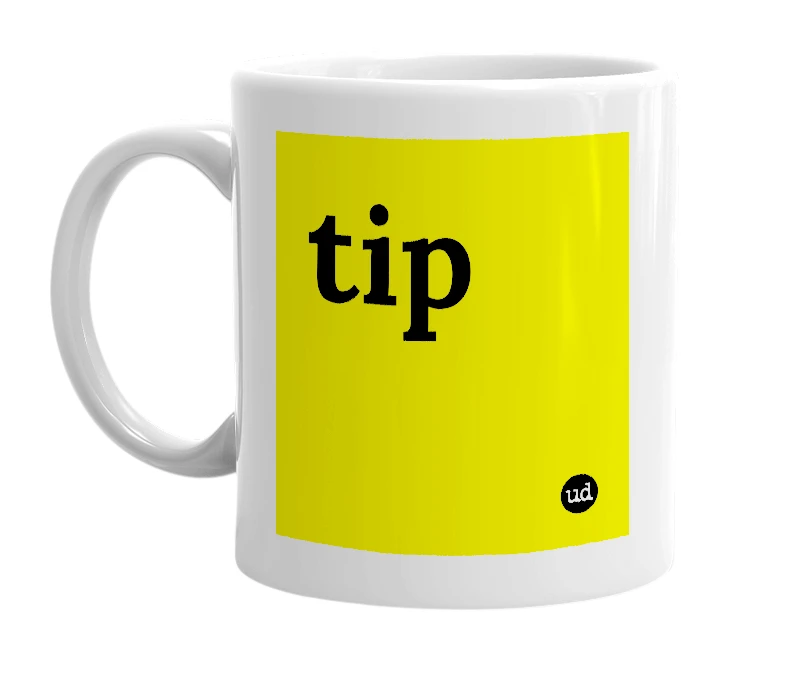 White mug with 'tip' in bold black letters