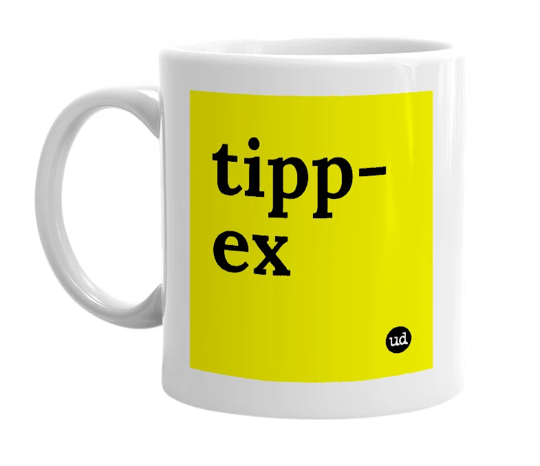 White mug with 'tipp-ex' in bold black letters