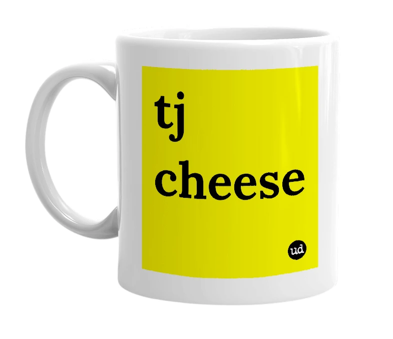 White mug with 'tj cheese' in bold black letters