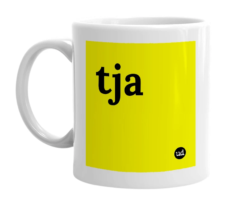 White mug with 'tja' in bold black letters