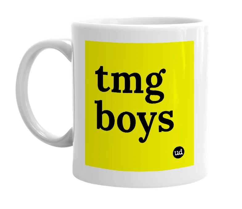 White mug with 'tmg boys' in bold black letters