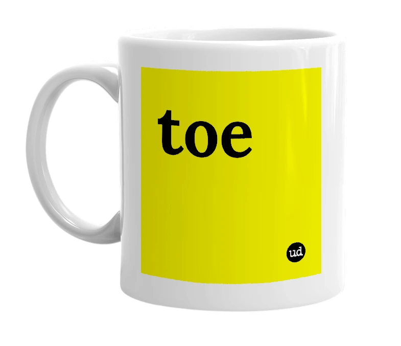 White mug with 'toe' in bold black letters