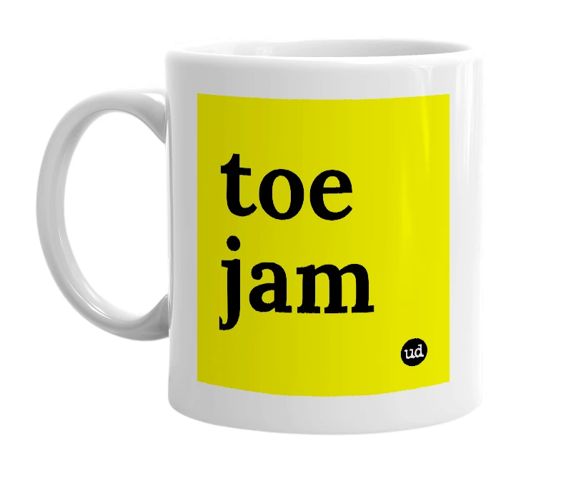 White mug with 'toe jam' in bold black letters