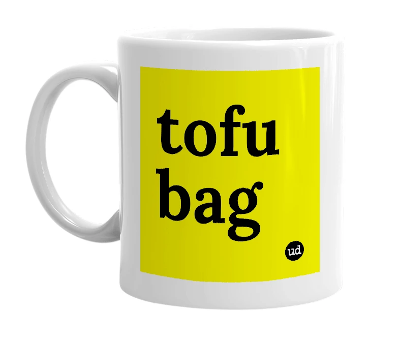White mug with 'tofu bag' in bold black letters