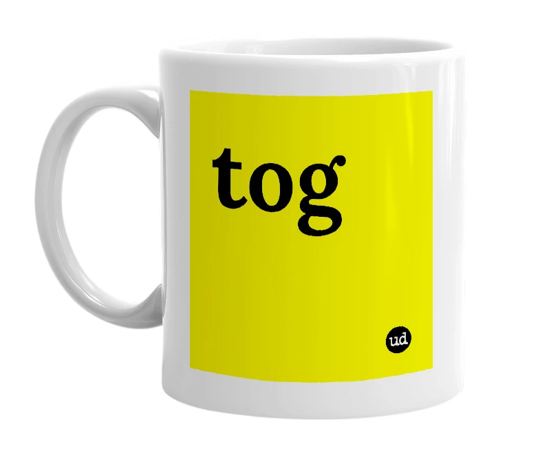 White mug with 'tog' in bold black letters