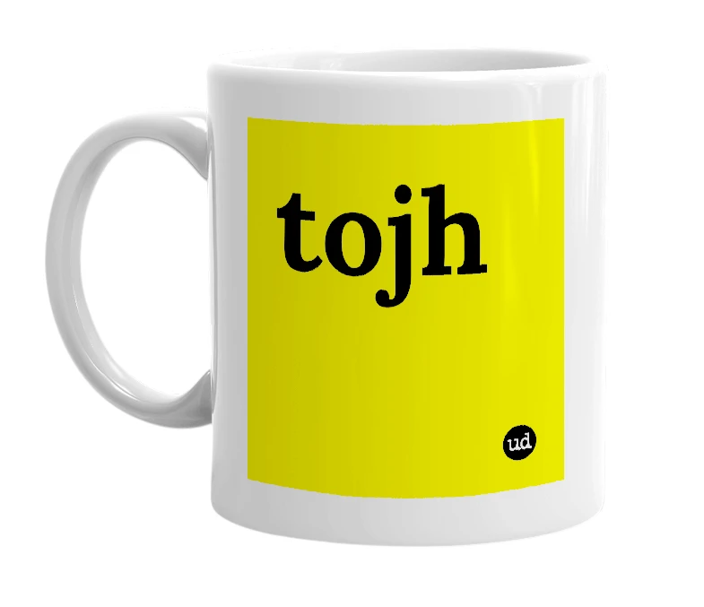 White mug with 'tojh' in bold black letters