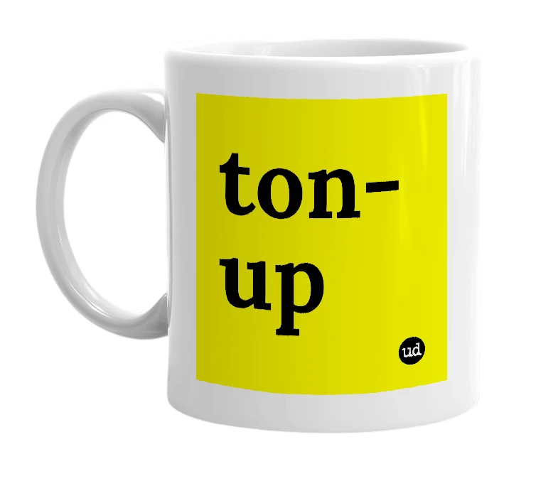 White mug with 'ton-up' in bold black letters