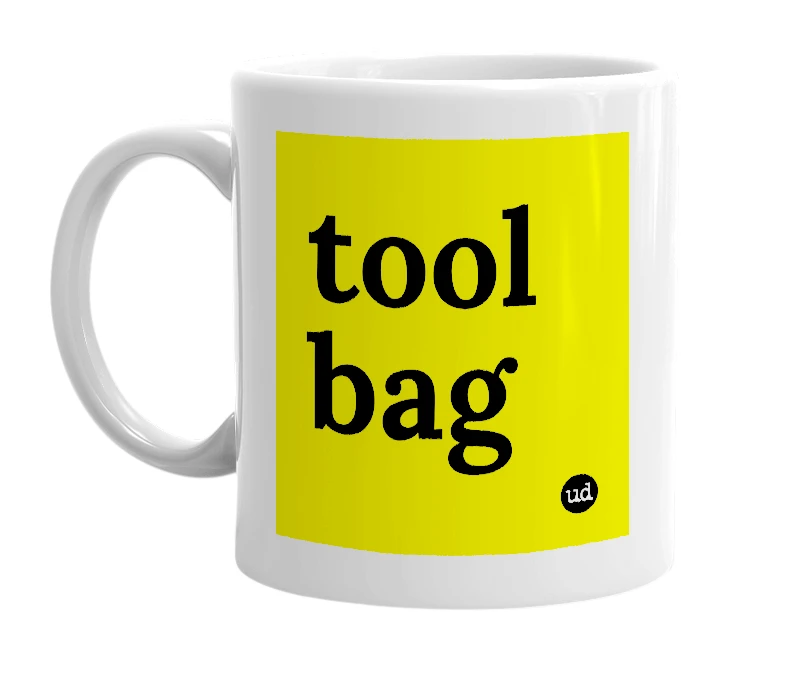 White mug with 'tool bag' in bold black letters