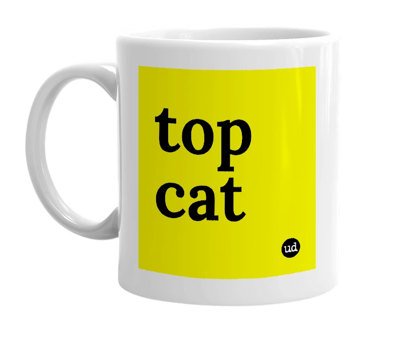 White mug with 'top cat' in bold black letters