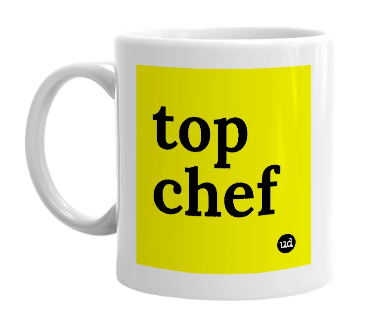 White mug with 'top chef' in bold black letters