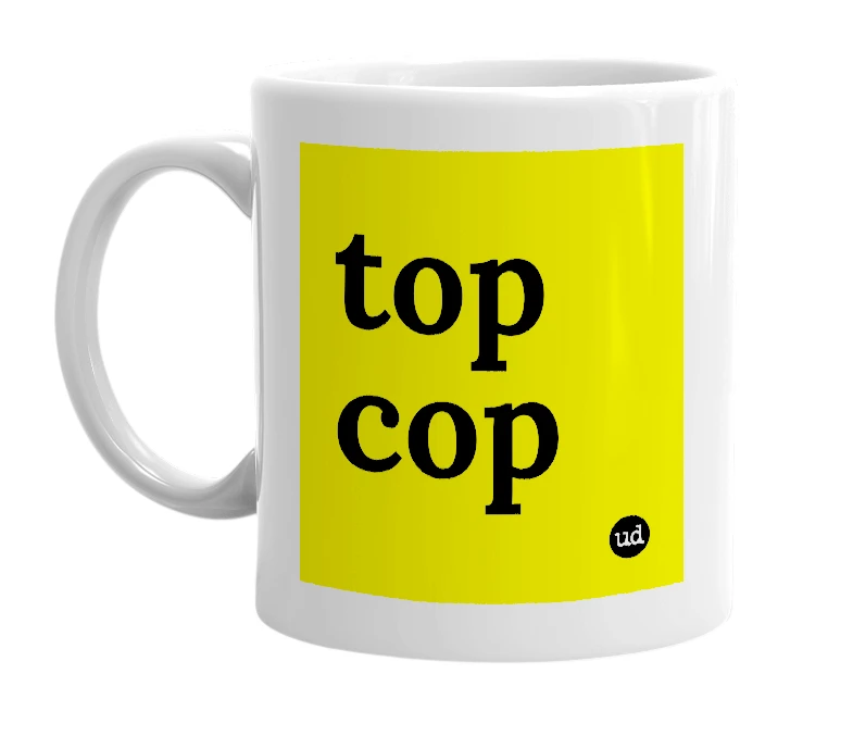 White mug with 'top cop' in bold black letters