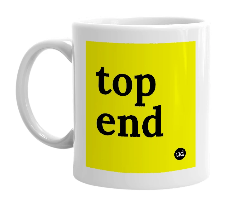 White mug with 'top end' in bold black letters