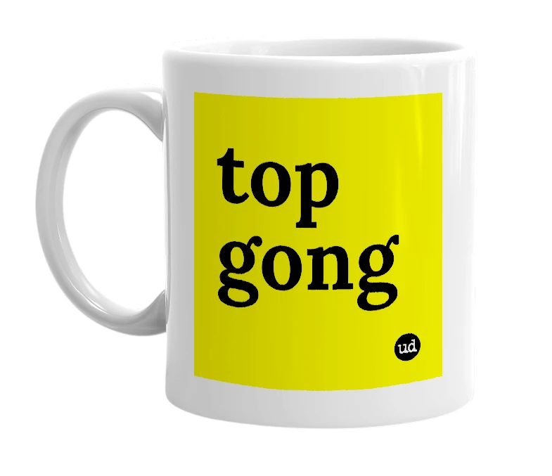 White mug with 'top gong' in bold black letters