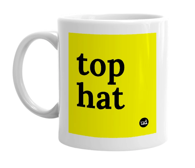 White mug with 'top hat' in bold black letters
