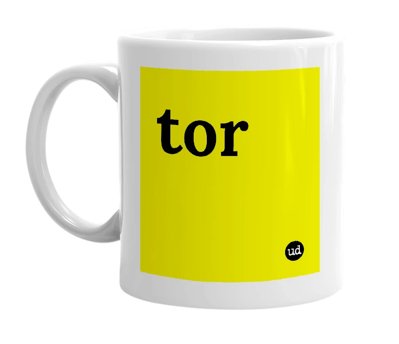 White mug with 'tor' in bold black letters