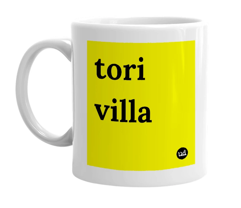 White mug with 'tori villa' in bold black letters
