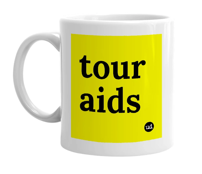 White mug with 'tour aids' in bold black letters