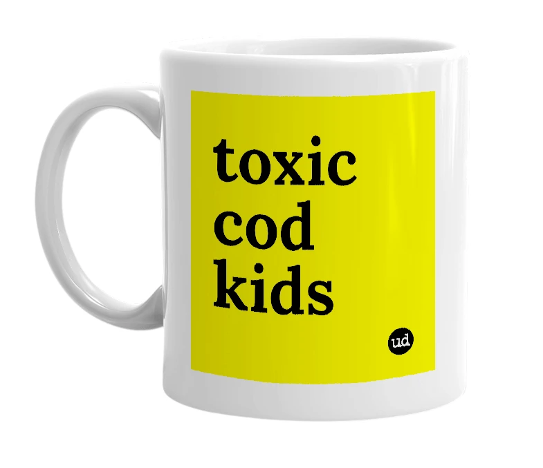 White mug with 'toxic cod kids' in bold black letters