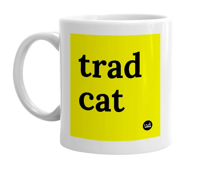 White mug with 'trad cat' in bold black letters