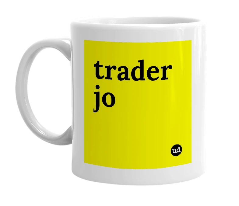 White mug with 'trader jo' in bold black letters