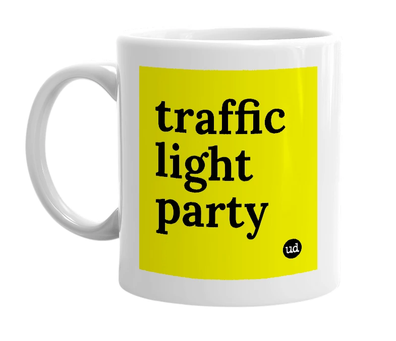 White mug with 'traffic light party' in bold black letters