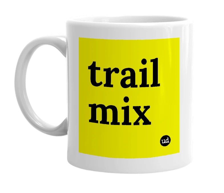 White mug with 'trail mix' in bold black letters