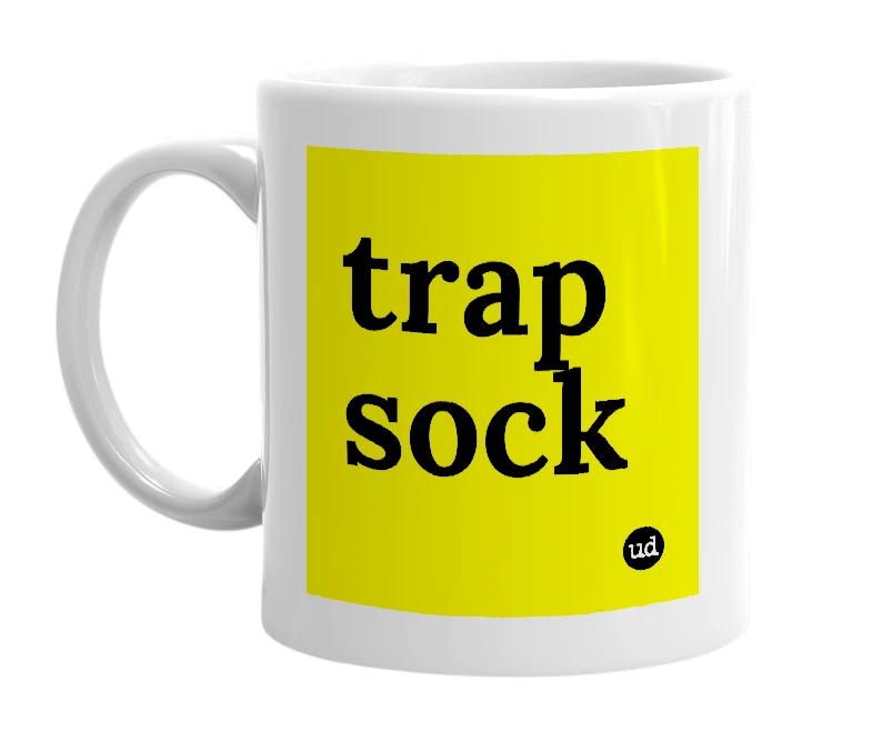 White mug with 'trap sock' in bold black letters