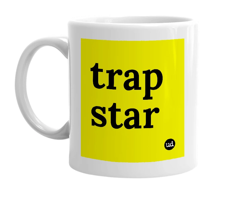 White mug with 'trap star' in bold black letters