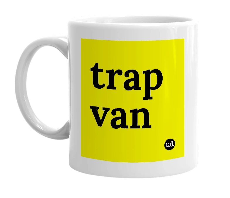 White mug with 'trap van' in bold black letters