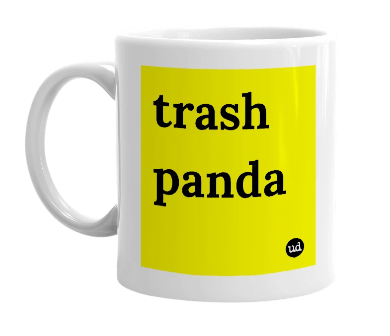 White mug with 'trash panda' in bold black letters