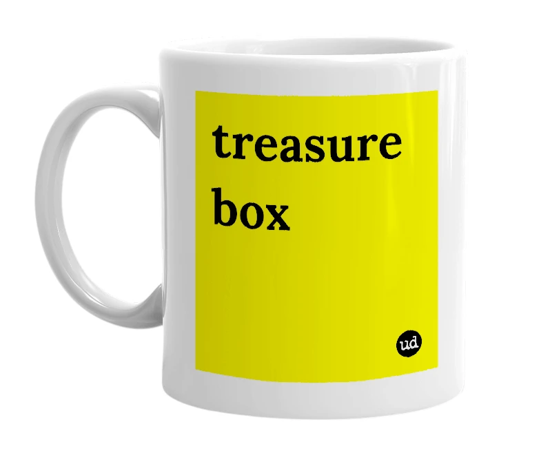 White mug with 'treasure box' in bold black letters