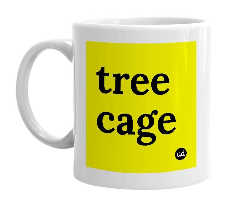 White mug with 'tree cage' in bold black letters