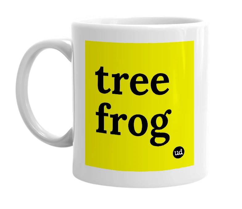White mug with 'tree frog' in bold black letters