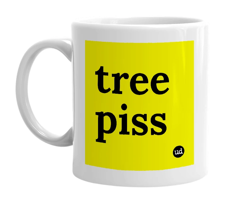White mug with 'tree piss' in bold black letters