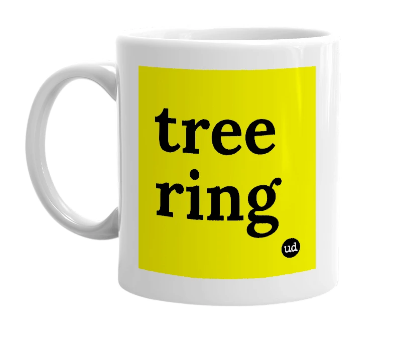 White mug with 'tree ring' in bold black letters