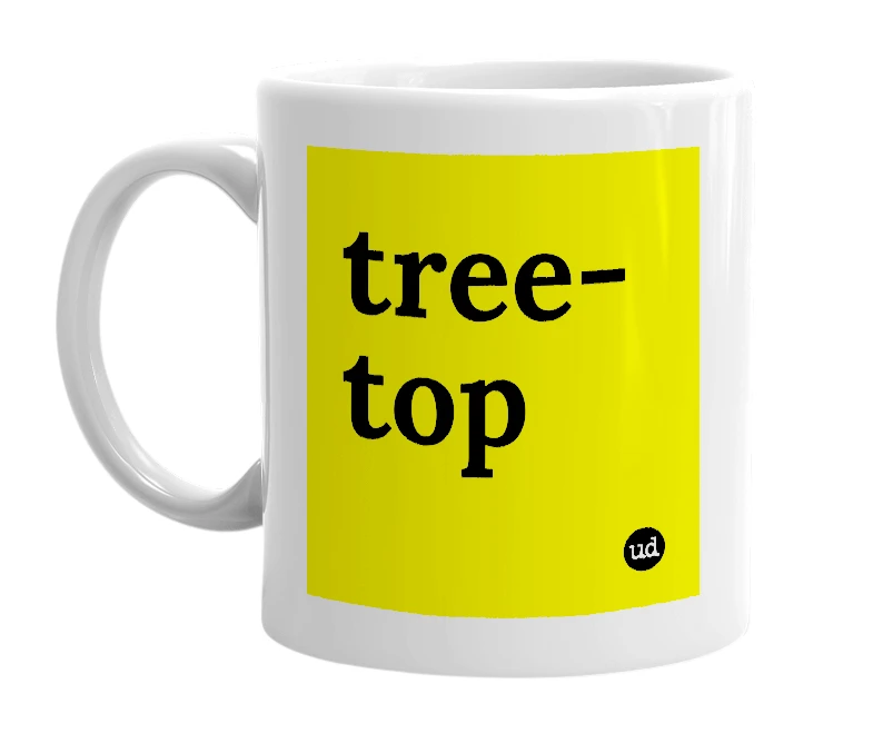 White mug with 'tree-top' in bold black letters