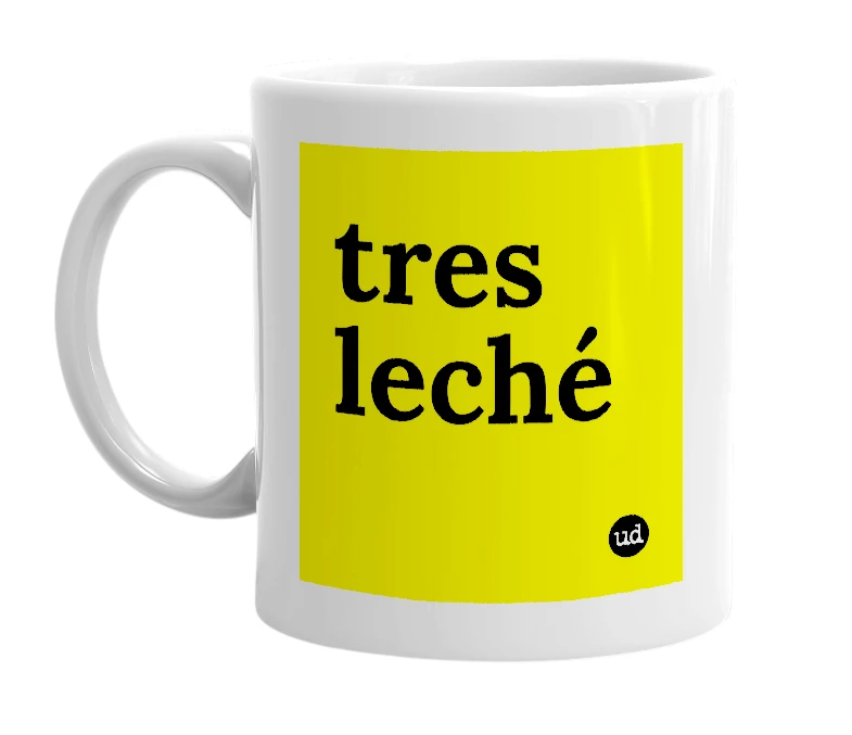 White mug with 'tres leché' in bold black letters