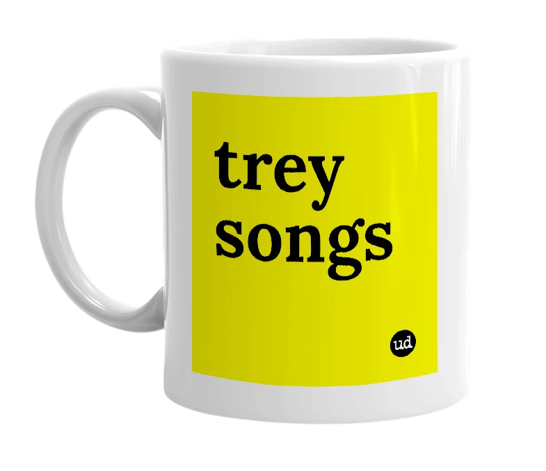 White mug with 'trey songs' in bold black letters