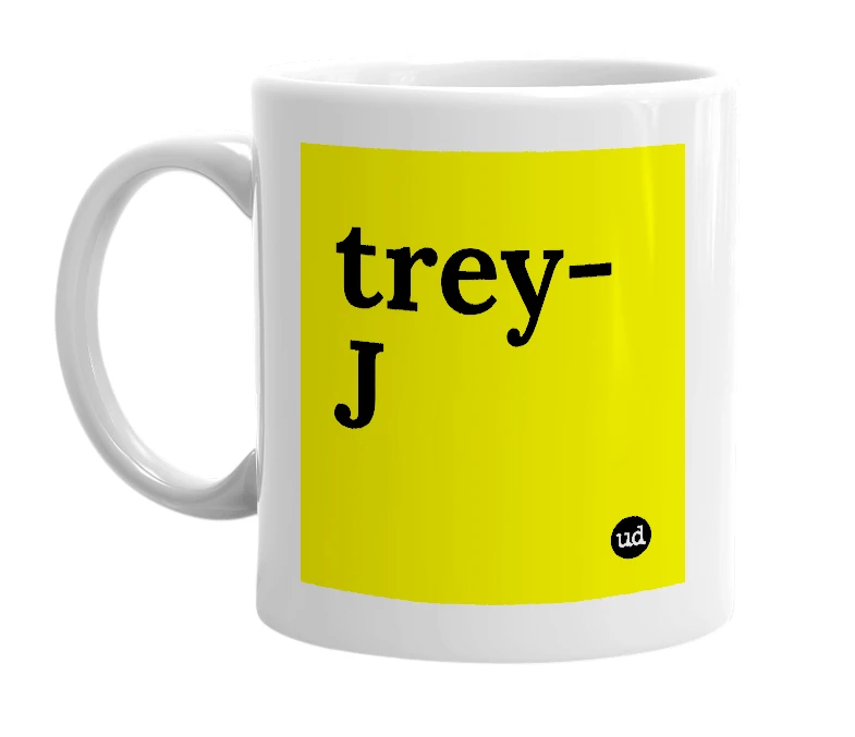 White mug with 'trey-J' in bold black letters