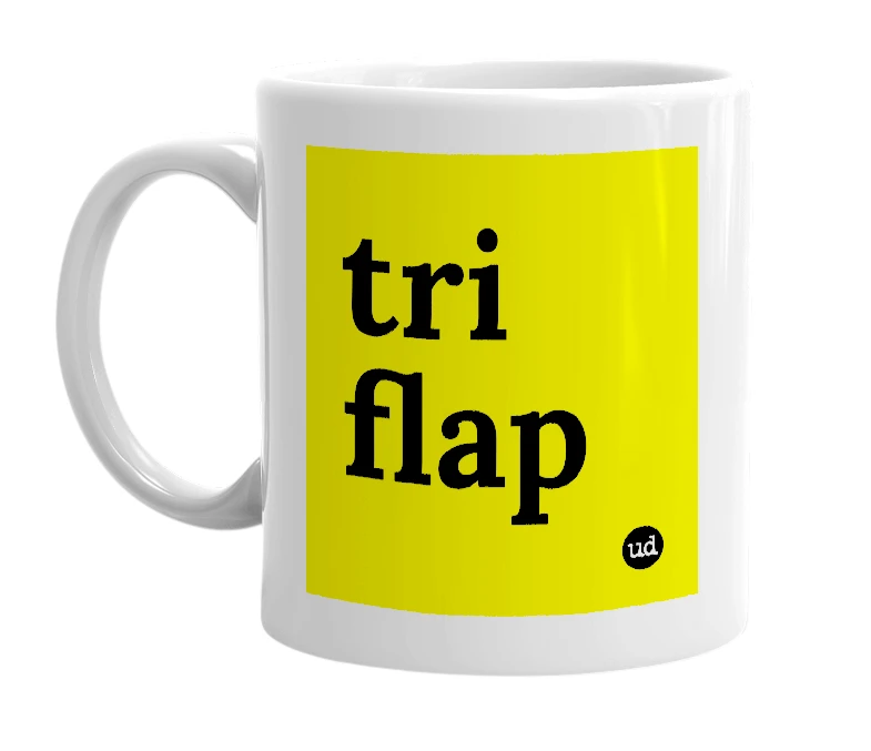 White mug with 'tri flap' in bold black letters